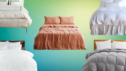 A collage of bedding items