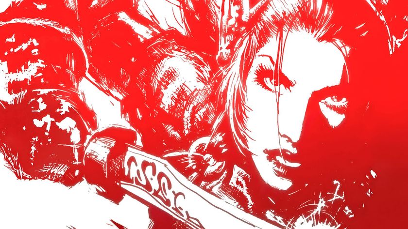 Zhai the half-drow holding a dagger, rendered in red on white