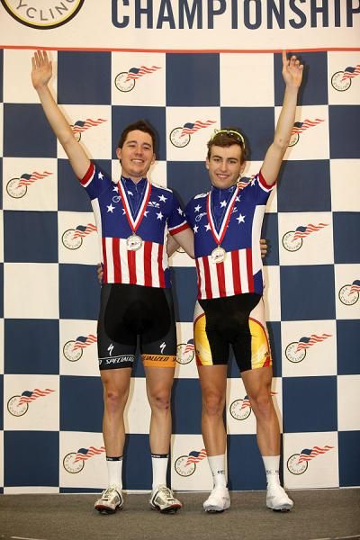 Danny Heeley and Ian Moir atop the Men's Madison Podium.