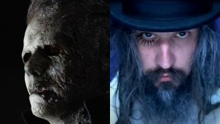 Michael Myers standing eerily in Halloween Ends and Rob Zombie staring ahead in Never Gonna Stop, pictured side by side