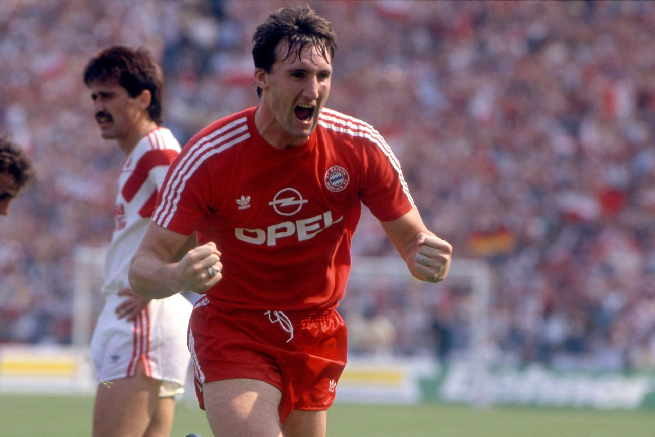 Alan McInally celebrates after scoring his first Bundesliga goal for Bayern Munich, July 1989