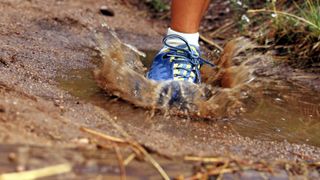 Person wearing trail running shoes stepping in muddy puddle