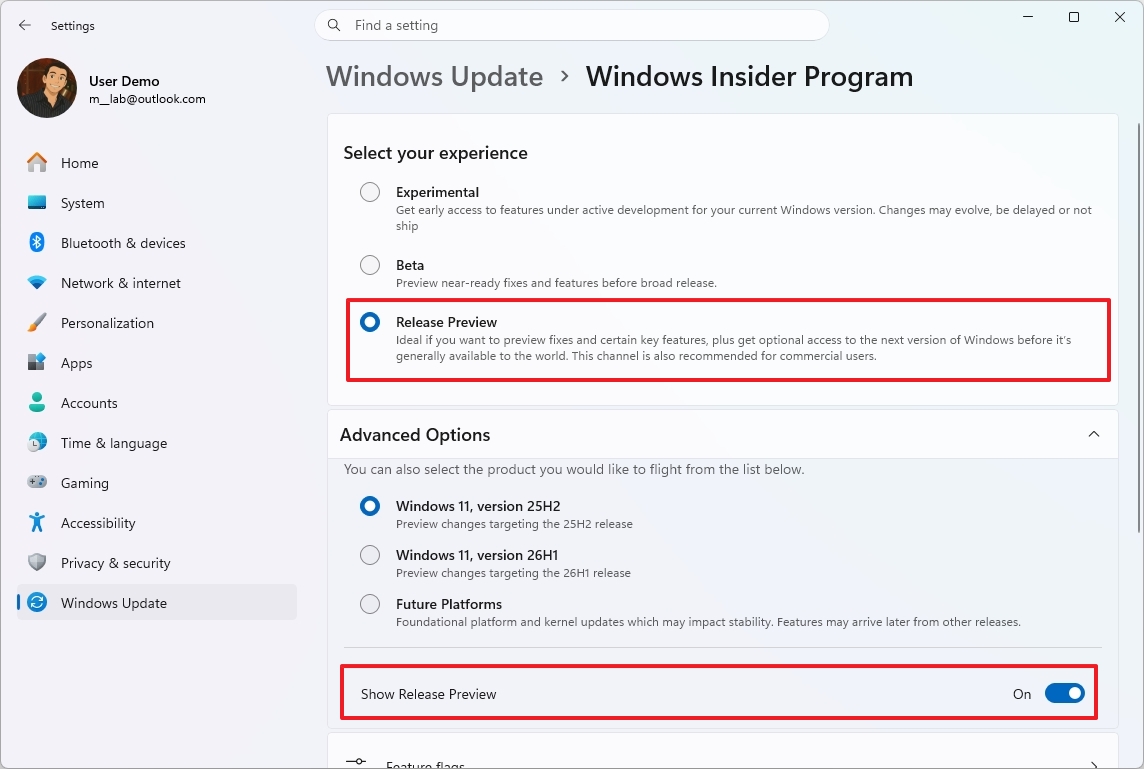 Windows Insider Program settings showing "Release Preview" selected, suitable for previewing updates. Options for different Windows versions are visible.