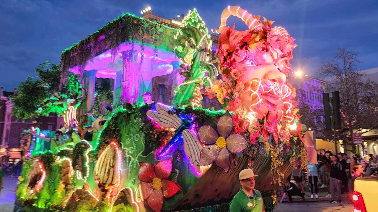 The Earth Float passing by during Universal's Mardi Gras 2024 parade.