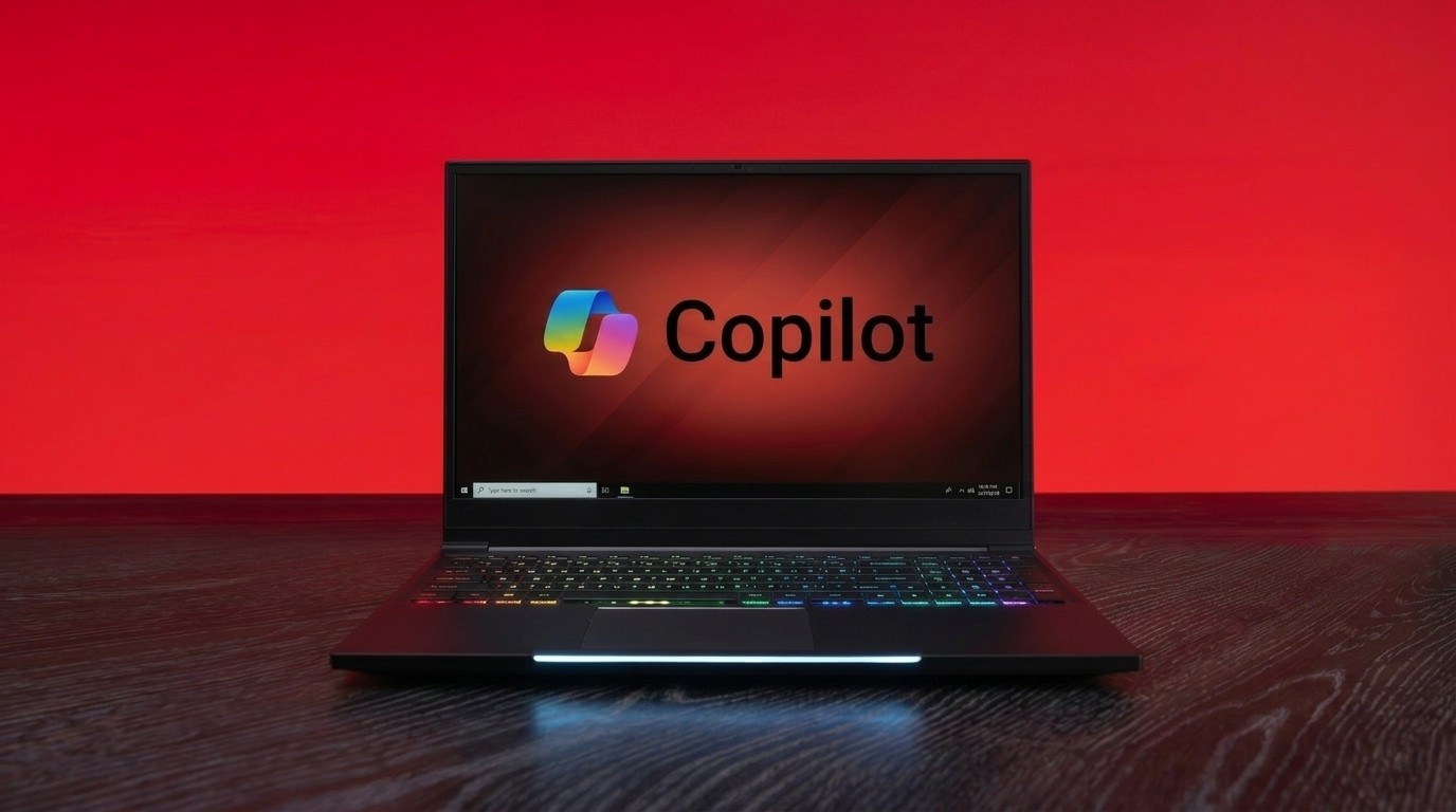 A laptop with a colorful backlit keyboard is open on a dark wooden table. The screen displays the "Copilot" logo on a red gradient background.