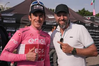 2012 Giro d'Italia champion Ryder Hesjedal (right) was at the 2023 race for stage 17 and visited Geraint Thomas