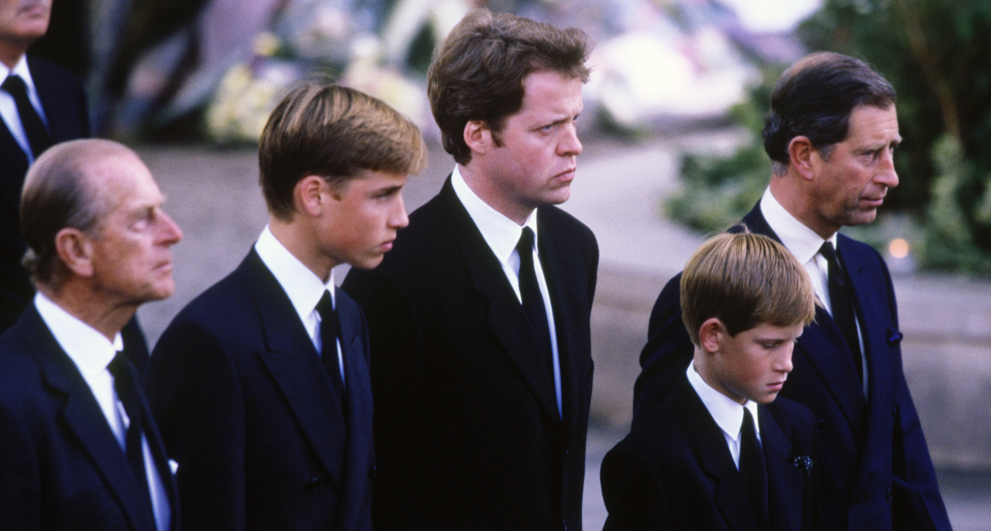 Charles Spencer, Prince William and Prince Harry walking behind Princess Diana's coffin