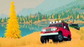 Over the Hill: A red jeep followed by a green jeep driving off-road in vibrant yellow hills surrounding a lake.
