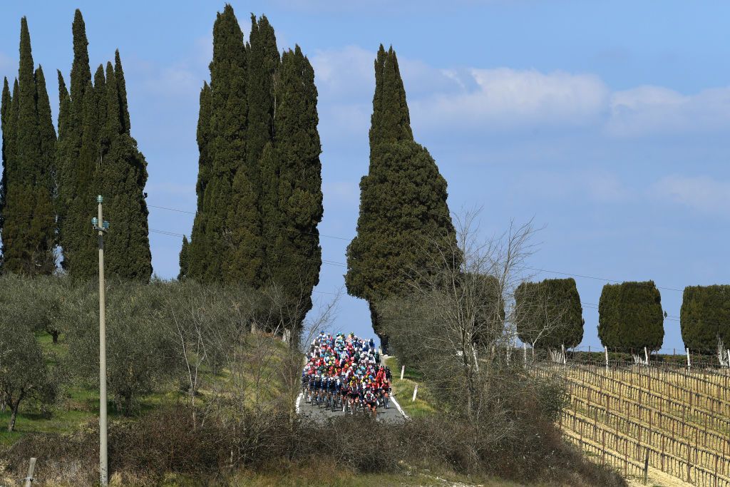 SIENA ITALY MARCH 05 The peloton passing through a vineyards landscape during the Eroica 16th Strade Bianche 2022 Mens Elite a 184km one day race from Siena to Siena Piazza del Campo 321m StradeBianche WorldTour on March 05 2022 in Siena Italy Photo by Tim de WaeleGetty Images