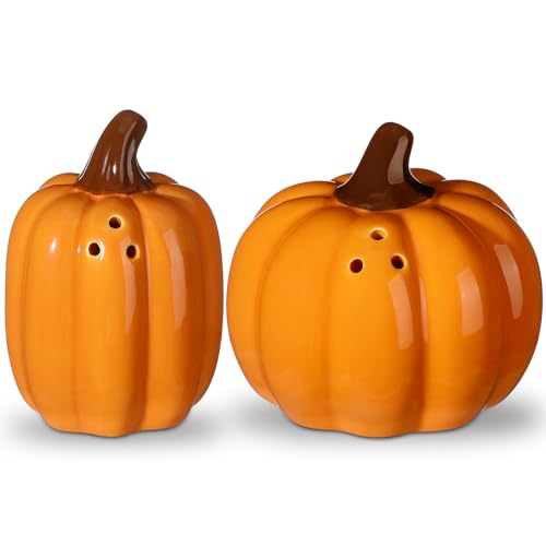 Rimcereal 2 Pcs Fall Pumpkin Shaped Salt and Pepper Shakers 3 Inch Orange Ceramic Salt and Pepper Shakers Set for Halloween Autumn Thanksgiving Harvest Home Table Kitchen Decorations
