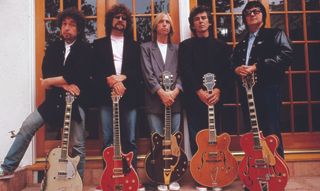 The Traveling Wilburys with a gaggle of vintage Gretsch guitars in 1988: (from left) Bob Dylan, Jeff Lynne, Tom Petty, George Harrison and Roy Orbison