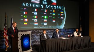 NASA Administrator Bill Nelson (left) meets with ambassadors of the Czech Republic to sign the Artemis Accords.