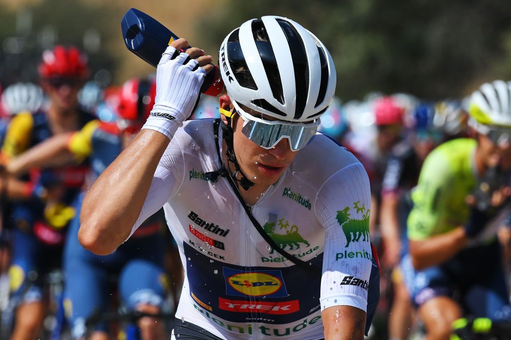 PICO VILLUERCAS SPAIN AUGUST 20 Mathias Vacek of Czech Republic and Team Lidl Trek White Best Young Rider Jersey cools down during the La Vuelta 79th Tour of Spain 2024 Stage 4 a 1705km stage from Plasencia to Pico Villuercas 1544m UCIWT on August 20 2024 in Pico Villuercas Spain Photo by Tim de WaeleGetty Images