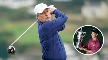 Brandel Chamblee hits a driver off the tee, Tiger Woods holds the US Open trophy