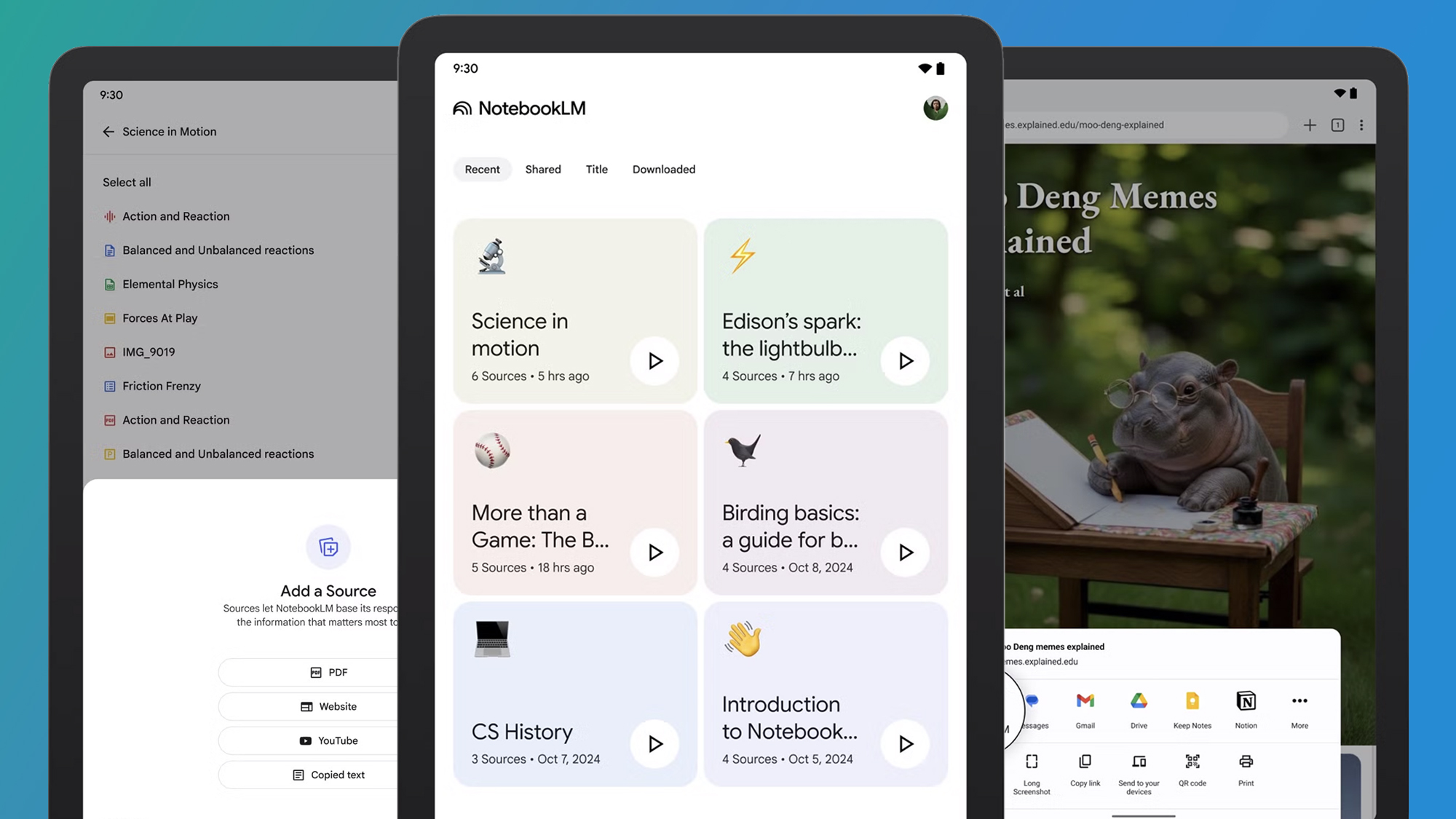 Three tablets on a blue background showing the NotebookLM app