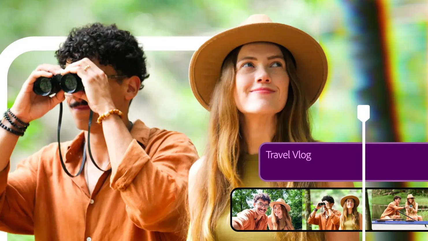 Adobe Premiere promotional image showing a man looking through binoculars beside a woman in a wide-brimmed hat in a forest, overlaid with a "Travel Vlog" title bar and a video timeline.