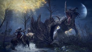 Elden Ring Tips, a player on horseback squares up to a dragon as the Erdtree stands tall in the background emitting rays of golden light