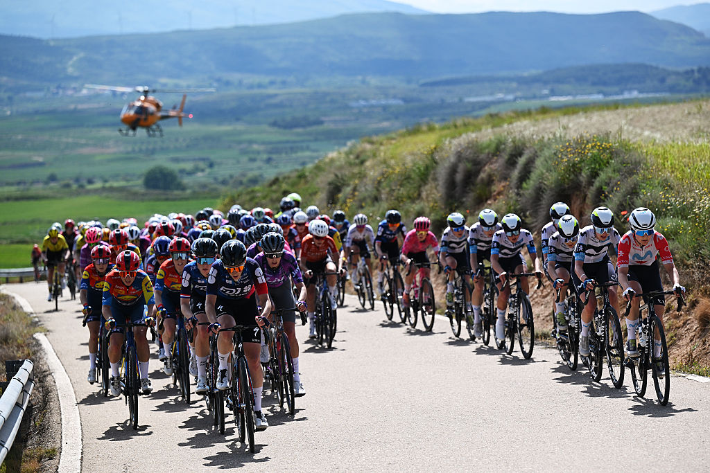 BORJA SPAIN MAY 07 LR Vittoria Guazzini of Italy and Team FDJ SUEZ and Olivia Baril of Canada and Team Movistar lead the peloton during the 11th La Vuelta Femenina 2025 Stage 4 a 1116km stage from Pedrola to Borja UCIWWT on May 07 2025 in Borja Spain Photo by Szymon GruchalskiGetty Images