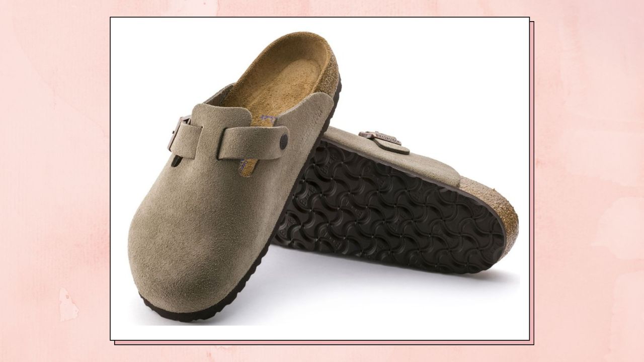 Birkenstock Boston&#039;s in &#039;taupe&#039; suede on a light pink background