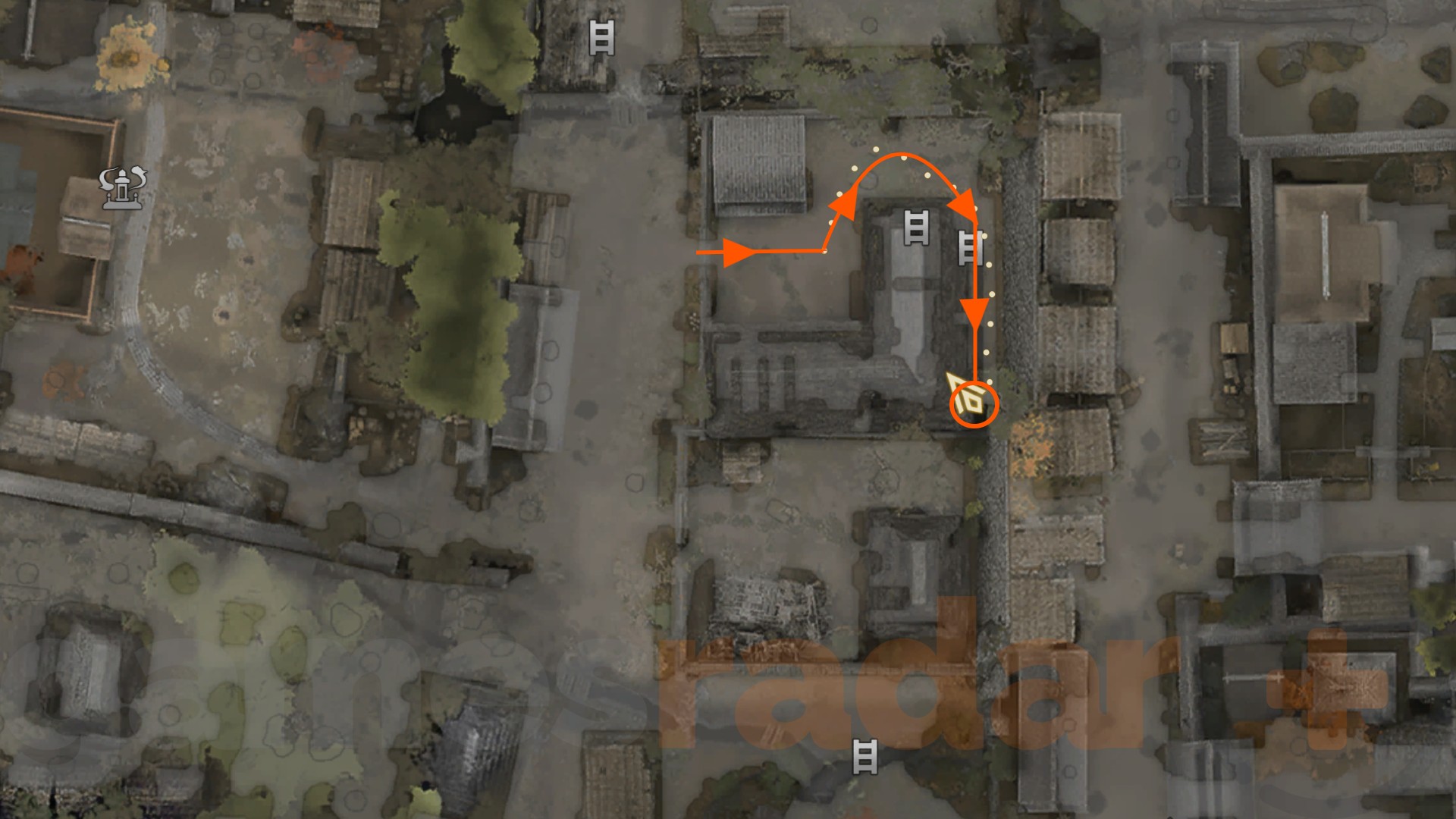 The route to finding the first of the Onimusha Way of the Sword Stout Pillars marked on the in-game map.