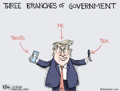 Political Cartoon U.S. Trump Branches of Government Tweets Executive Orders
