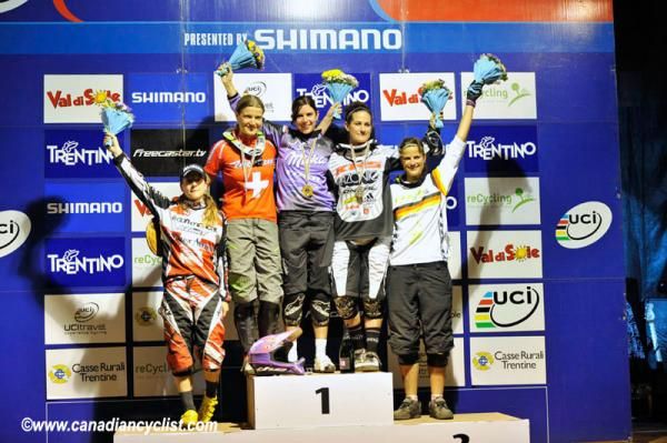 Elite women's four cross Val di Sole podium: C&eacute;line Gros, Lucia Oetjen, Anneke Beerten, Melissa Buhl, Steffi Marth