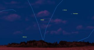 In the eastern pre-dawn sky on Monday, May 22, Venus and the old crescent moon will rise together about 4 am local time. The moon will be about 4 degrees to the lower right of the bright planet. Viewed in a telescope, Venus will show a similar crescent phase.