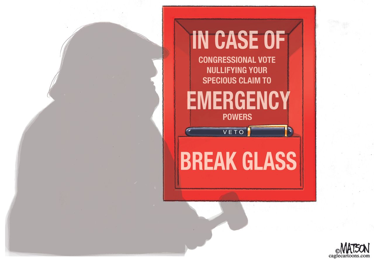 Political Cartoon U.S. Trump national emergency veto breaking glass