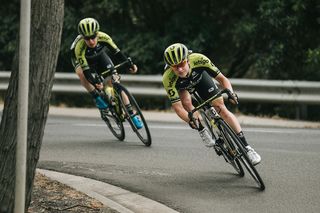 Grace Brown leads Mitchelton-Scott teammate and leader Amanda Spratt in the breakaway at the 2020 Australian Road Championships, with Spratt taking the elite women's road race title