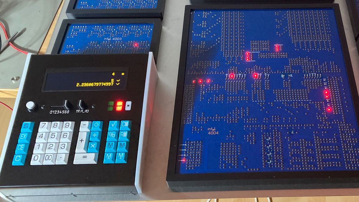 Supersized chip family gathers for the 54th anniversary of the Intel 4004 CPU — 4001 ROM, 4002 RAM, and 4003 shift registers feature in a reconstructed Busicom calculator build