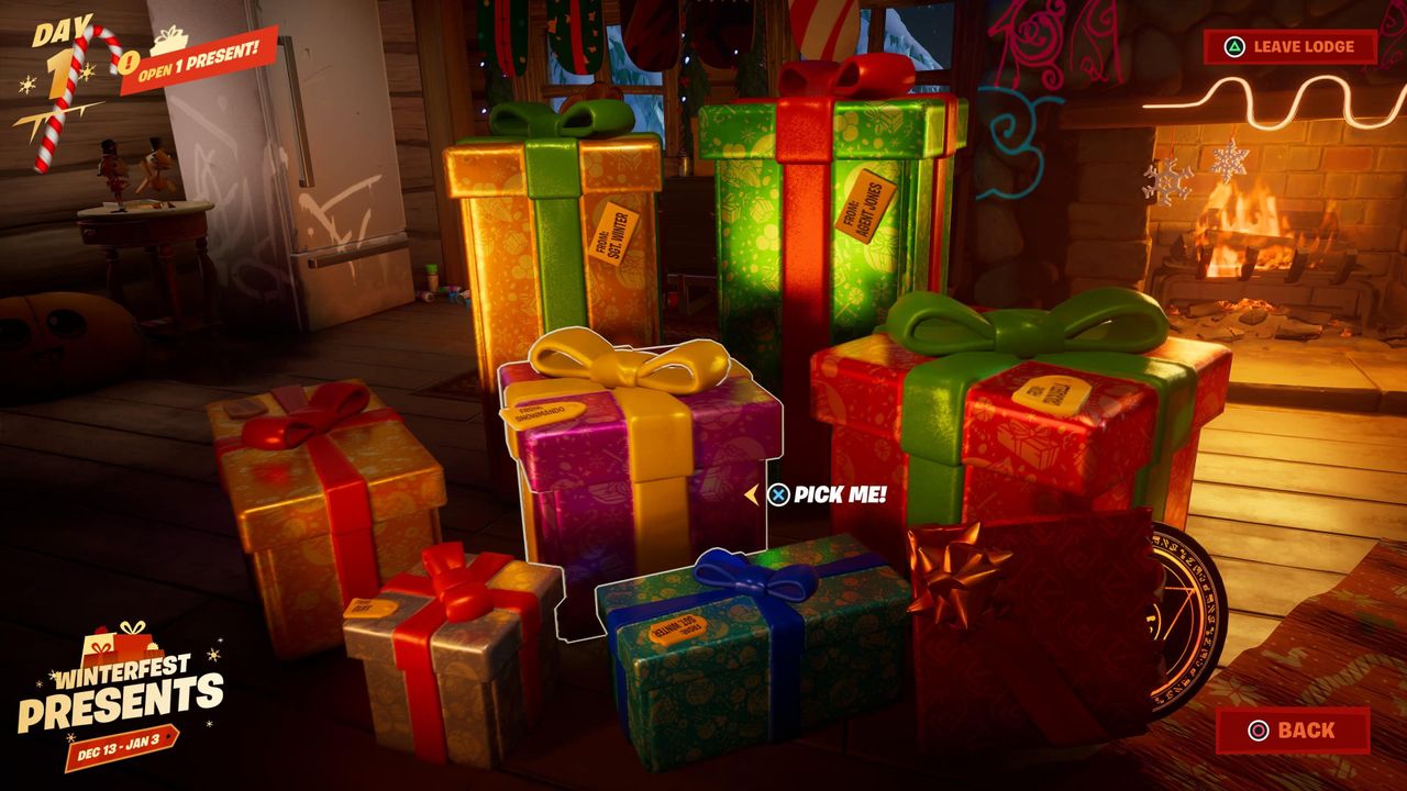 Fortnite Winterfest presents in the cozy lodge