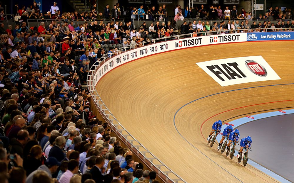 A general view of the crowd inside the Velopdrome as Italy race in the Women's team pursuit
