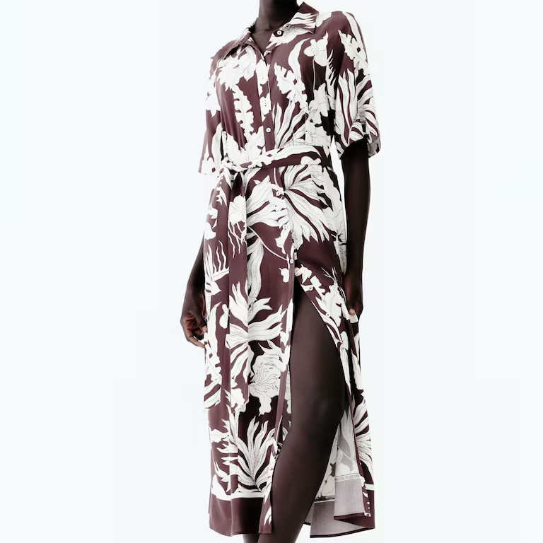 H&M Tie-Belt Floral Shirt Dress