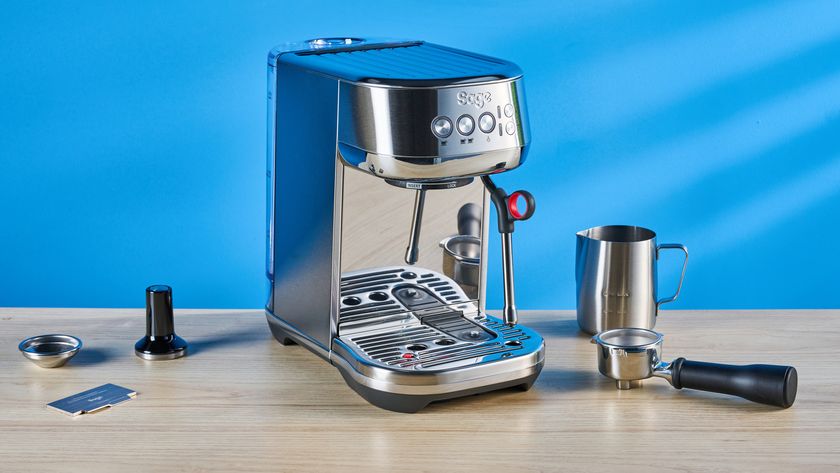 the breville bambino plus / sage bambino plus in stainless steel silver photographed against a blue background shown with its accessories including milk jug, tamper, portafilter, and shown in use extracting espresso