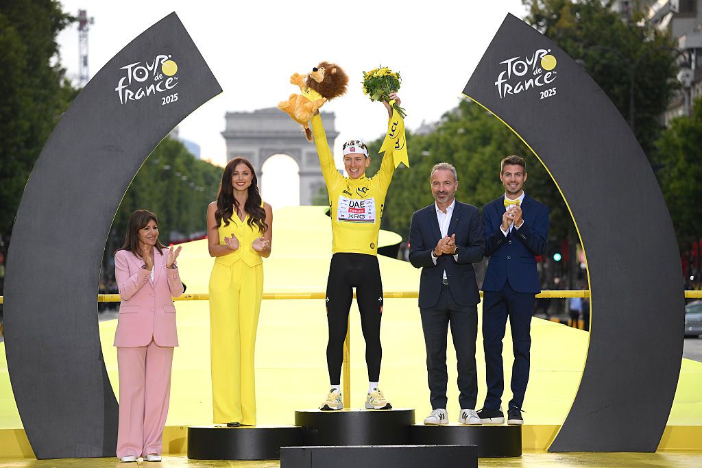 PARIS - CHAMPS-ELYSEES, FRANCE - JULY 27: Tadej Pogacar of Slovenia and UAE Team Emirates - XRG celebrates at podium as Yellow leader jersey winner during the 112th Tour de France 2025, Stage 21 a 132.3km stage from Mantes-la-Ville to Paris - Champs-Elysees / #UCIWT / on July 27, 2025 in Paris - Champs-Elysees, France.