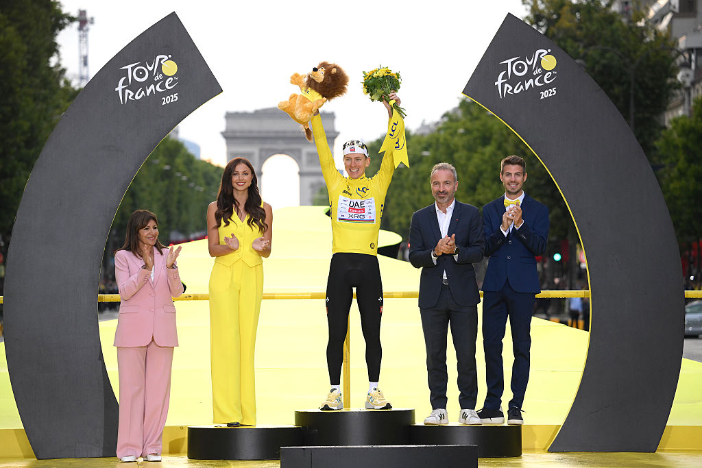 PARIS - CHAMPS-ELYSEES, FRANCE - JULY 27: Tadej Pogacar of Slovenia and UAE Team Emirates - XRG celebrates at podium as Yellow leader jersey winner during the 112th Tour de France 2025, Stage 21 a 132.3km stage from Mantes-la-Ville to Paris - Champs-Elysees / #UCIWT / on July 27, 2025 in Paris - Champs-Elysees, France.