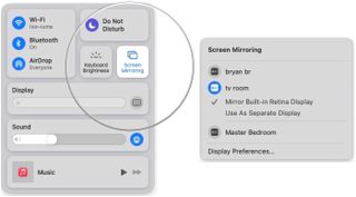 To switch AirPlay Mirroring modes on your Mac, first, AirPlay your device using the directions above. Click on the Control Center icon on the right side of your Mac's menubar. Under your active Apple TV, choose your preferred option: