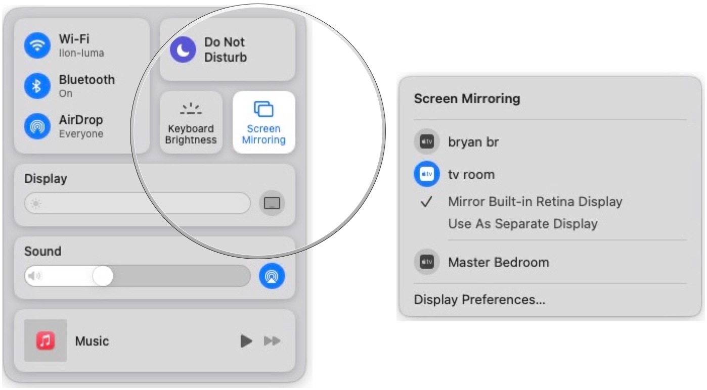 Um die AirPlay-Spiegelungsmodi auf Ihrem Mac zu wechseln, führen Sie zunächst AirPlay auf Ihrem Gerät aus, indem Sie die obigen Anweisungen verwenden.  Klicken Sie auf das Control Center-Symbol auf der rechten Seite der Menüleiste Ihres Macs.  Wählen Sie unter Ihrem aktiven Apple TV Ihre bevorzugte Option: