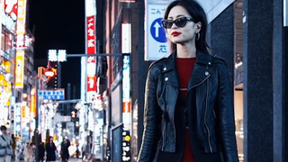 An image generated by Open AI's new Sora model of a woman wearing sunglasses in a vibrant cityscape.