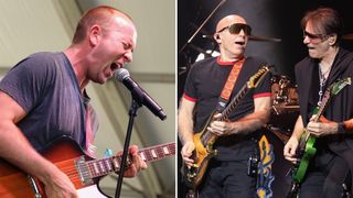 Brendon Small (left) and Joe Satriani and Steve Vai perform onstage