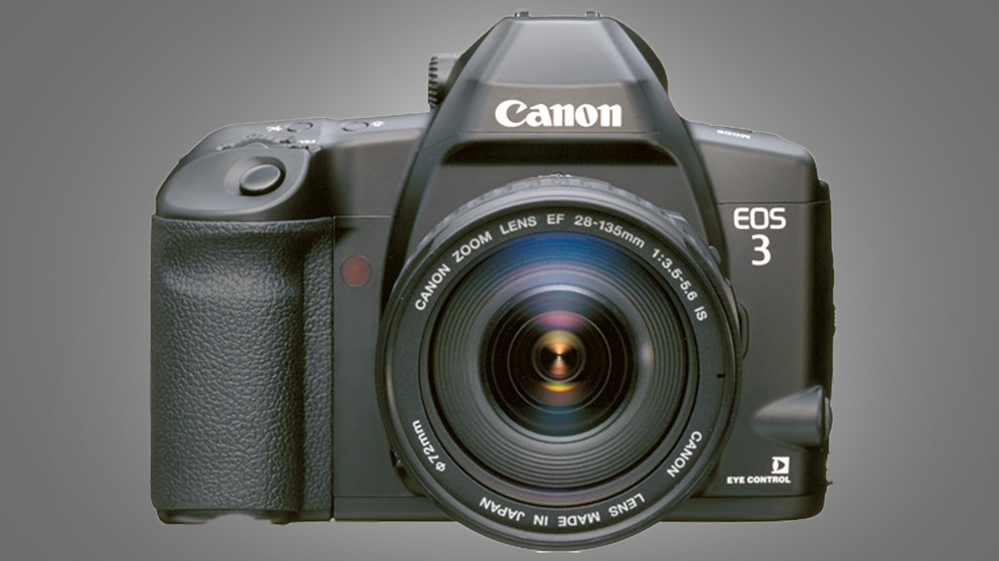 The Canon EOS 3 camera on a grey background