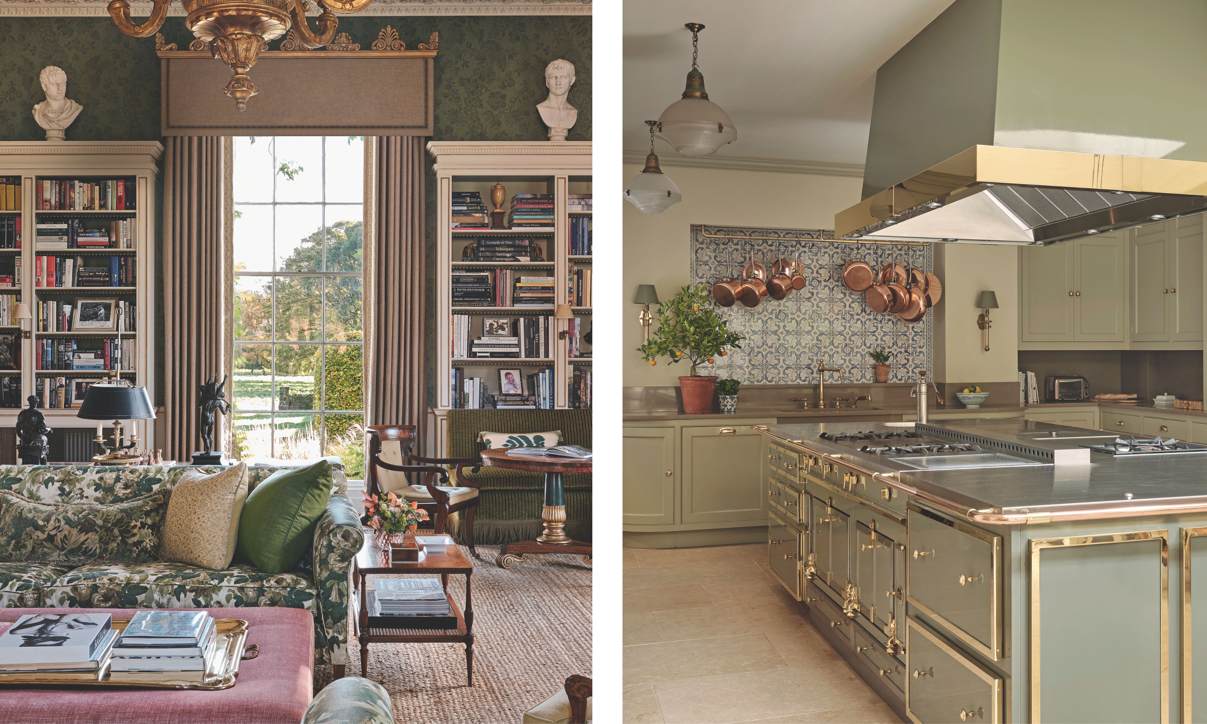 (Left) A cozy library featuring built-in bookshelves, a green floral sofa, and a large window looking out to a park; (Right) A spacious kitchen with sage green cabinetry, a large island with brass accents, and a blue tiled backsplash with hanging copper pots.