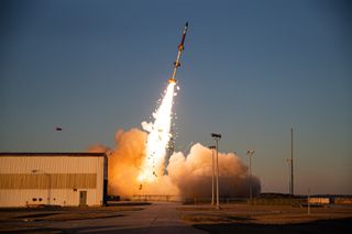 A small sounding rocket launches an experimental payload for the U.S. Space Force and Air Force Research Laboratory from NASA's Wallops Flight Facility on Wallops Island, Virginia on March 3, 2021.
