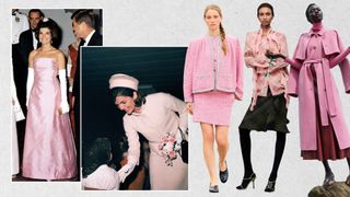 A graphic of Jackie Kennedy wearing two pink outfits and pink outfits in the Resort 2025 season