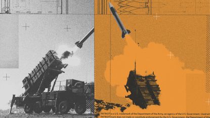 Photo collage illustration of Patriot missiles being launched