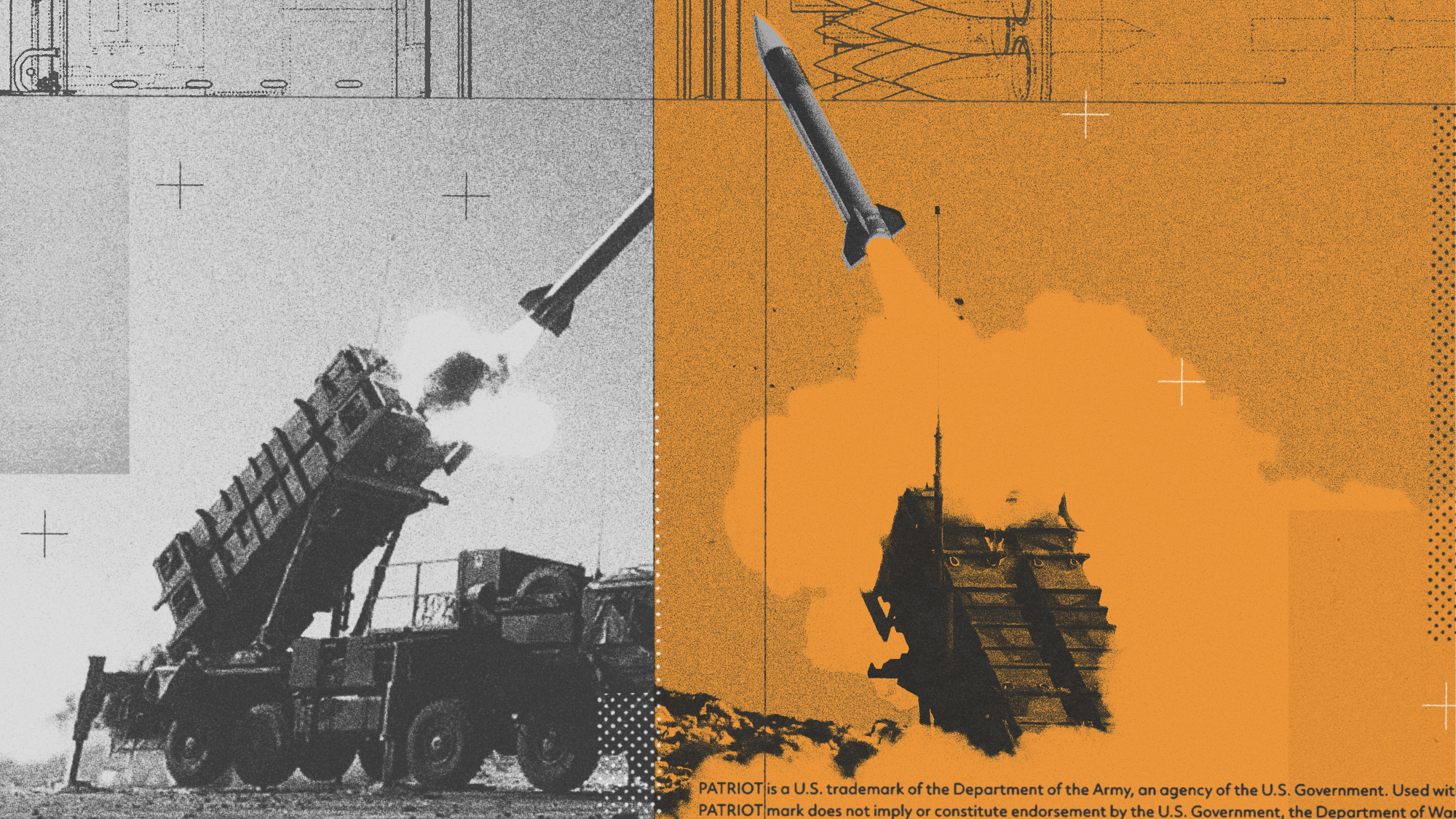 Photo collage illustration of Patriot missiles being launched