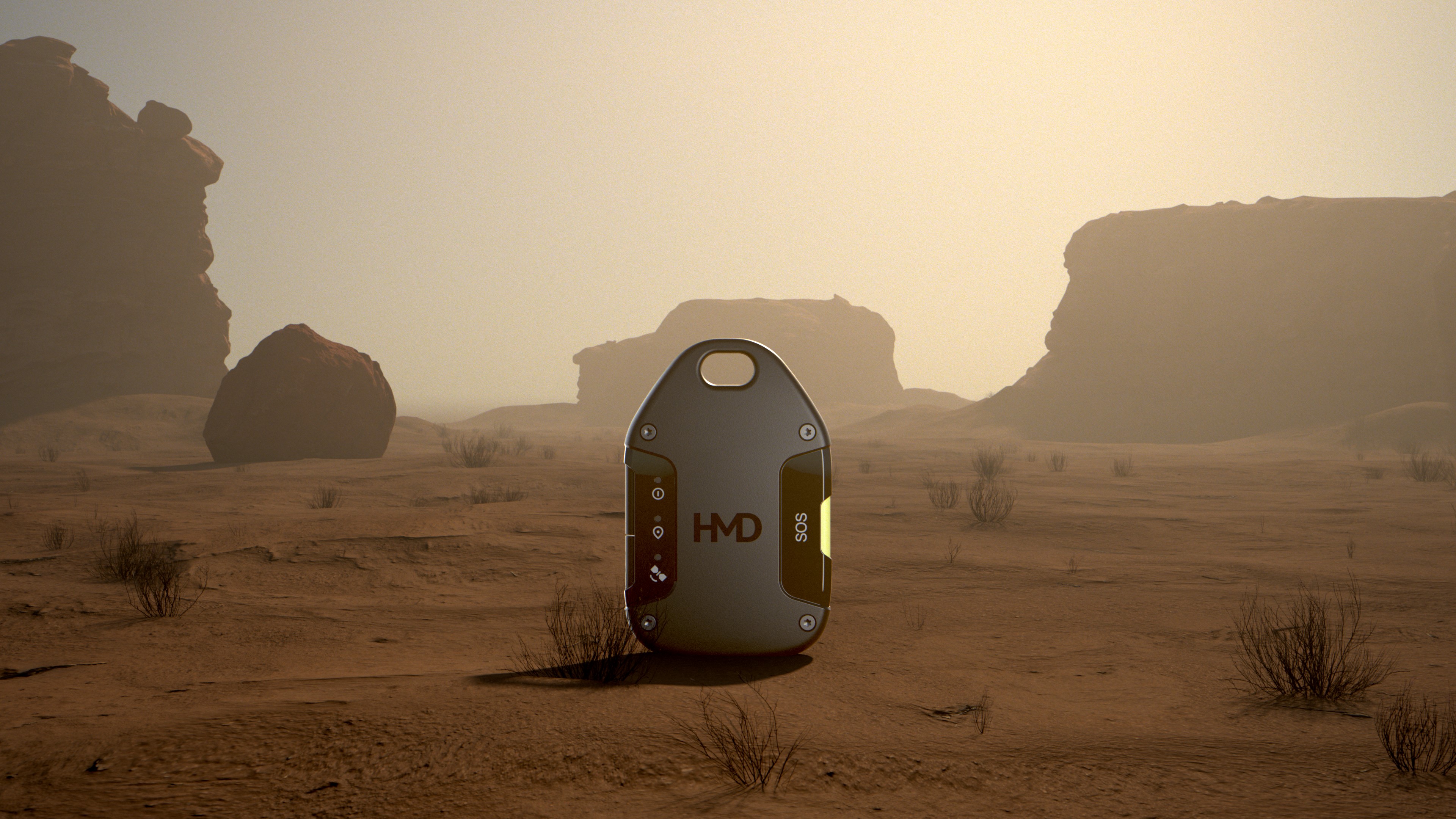 Photo of the HMD OffGrid satellite tool standing upright in the desert