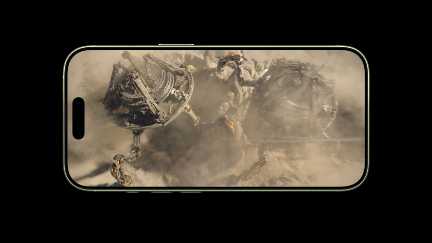 The iPhone 17 pictured against a black background. On the screen is a still from a sci-fi show