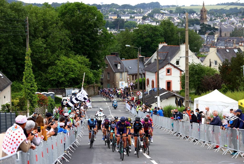 LANDERNEAU FRANCE JUNE 26 Lucinda Brand of Netherlands and Team Trek Segafredo Anna Henderson of United Kingdom and Jumbo Visma Team Niamh FisherBlack of New Zealand and Team SD Worx Elise Chabbey of Switzerland and Team Canyon SRAM Racing Ane Santesteban Gonzalez of Spain and Team BikeExchange Mikayla Harvey of New Zealand and Team Canyon SRAM Racing Brodie Chapman of Australia and Team FDJ Nouvelle Aquitaine Futuroscope Valerie Demey of Belgium and Team Liv Racing Marta Bastianelli of Italy and Team Ale Btc Ljubljana Marta Lach of Poland and Ceratizit WNT Pro Cycling Team Silvia Persico of Italy Elena Pirrone of Italy and Team Valcar Travel Service in The Breakaway passing through Cte De La Fosse Aux Loups 176m during the 8th La Course By Le Tour De France 2021 a 1077km race from Brest to Landerneau Cte De La Fosse Aux Loups 176m LaCourse LeTour TDF2021 UCIWWT on June 26 2021 in Landerneau France Photo by Tim de WaeleGetty Images