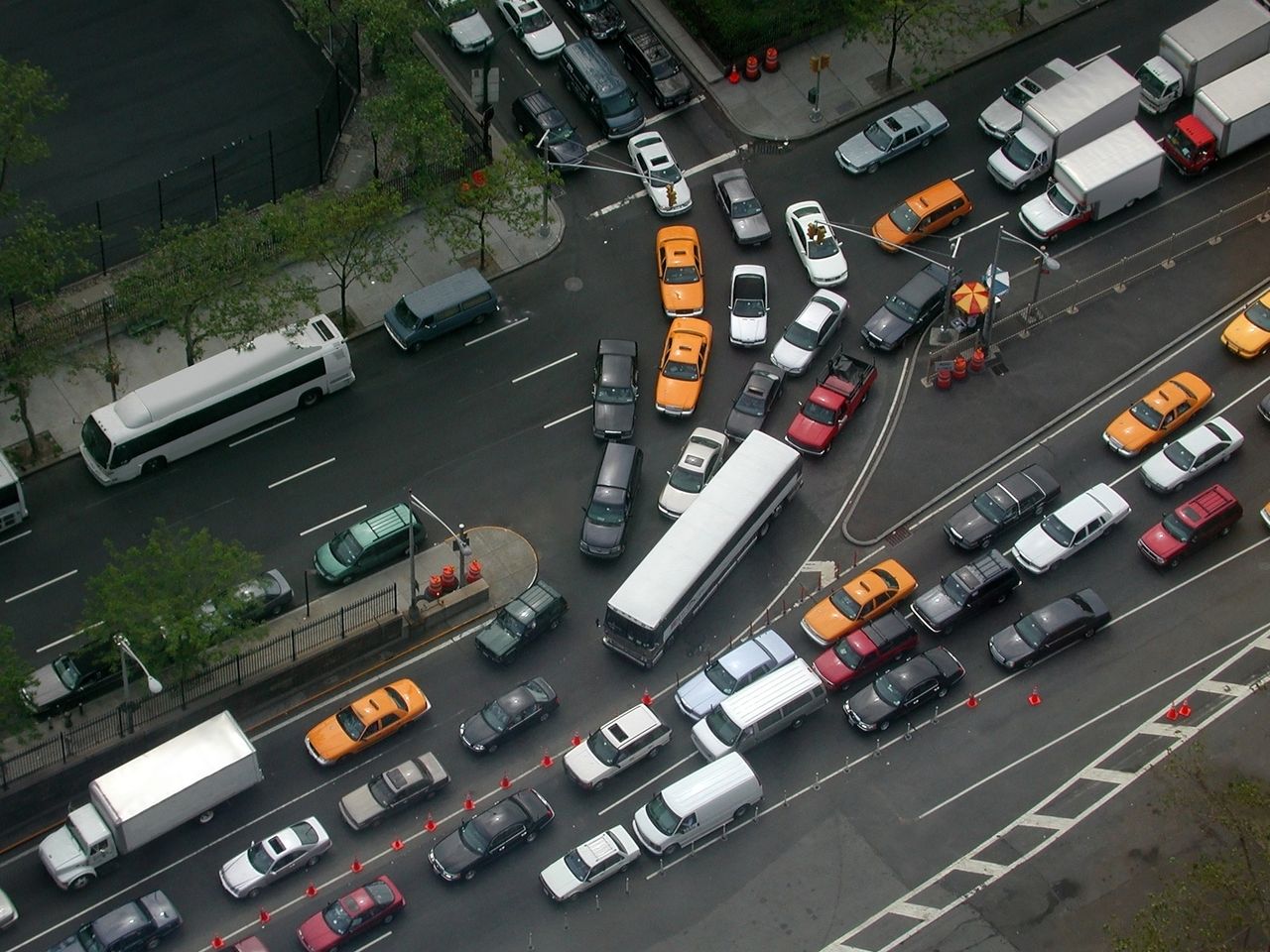 High angle view of manhattan New York motor vehicles entering the queens midtown tunnel on first and Second Avenues and 36th Street